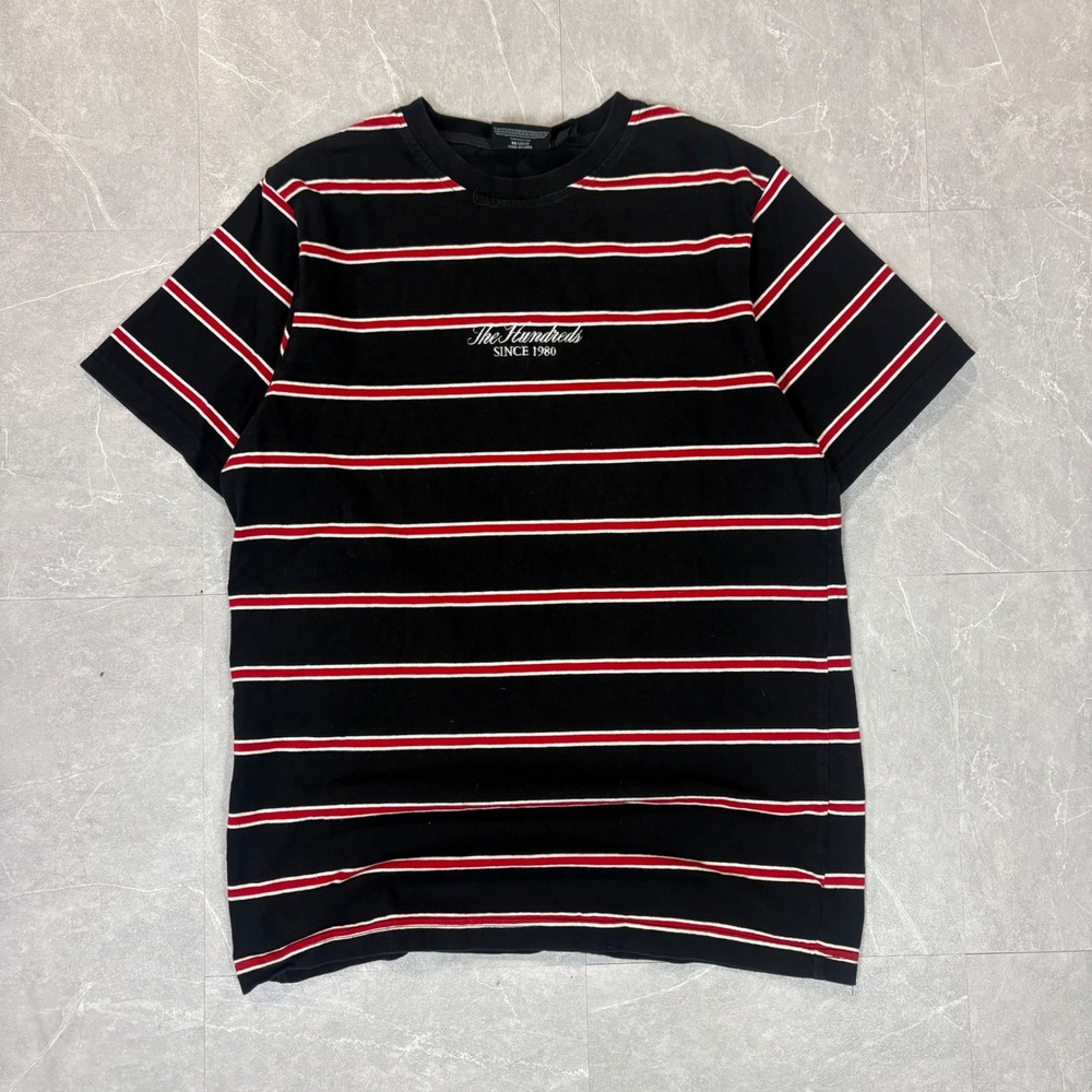 The Hundreds Mens Striped T-Shirt Black Red White Script Logo Size Large